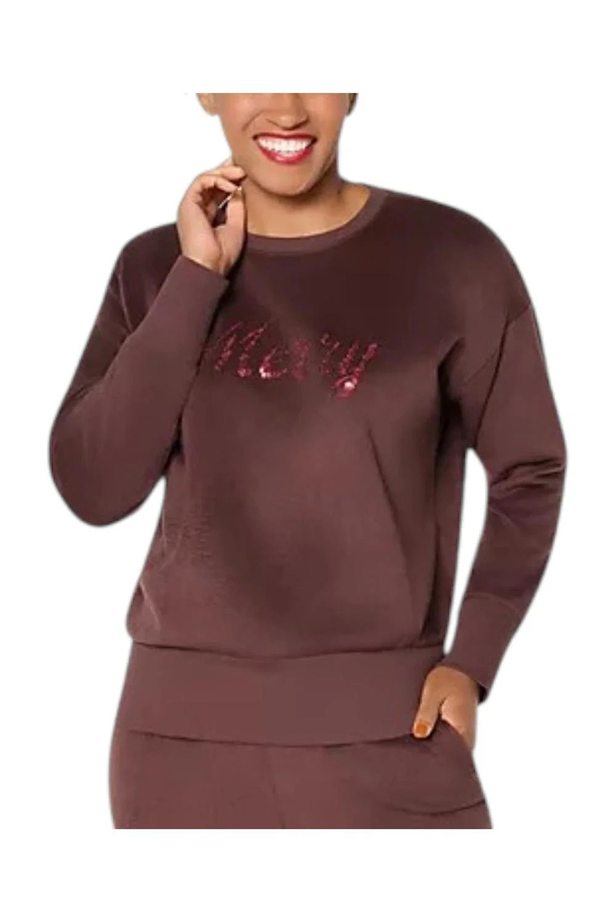Mally Roncal Women's Sequin Cozy Plush Holiday Sweatshirt Mocha - Regular